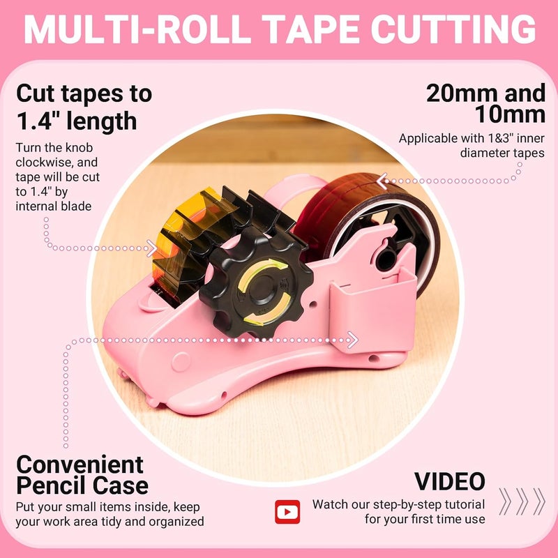 ThinkLearn Heat Tape Dispenser - Sublimation Heat Transfer Tape Dispenser with Scissors and Utility Knife, 1 '' & 3'' Core, Multi-Roll Pre-Cut Tape Dispenser, Light Pink - Image 2